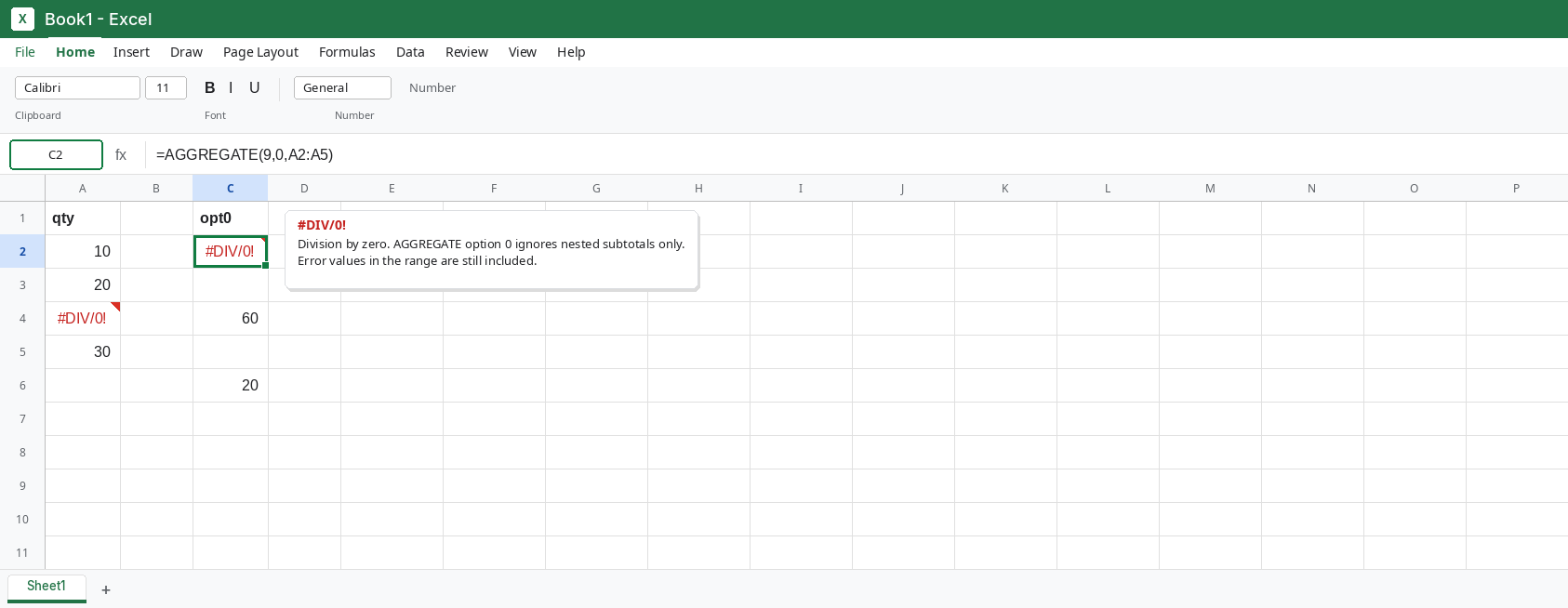C2 selected in Excel. Formula bar shows =AGGREGATE(9,0,A2:A5). C2 is #DIV/0!. A4 is #DIV/0! from 1/0. A2 is 10, A3 is 20, A5 is 30.