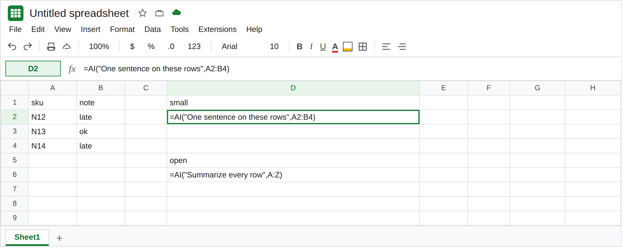 D2 selected. Formula bar and D2 show =AI("One sentence on these rows",A2:B4). D6 shows =AI("Summarize every row",A:Z). No generated paragraph is shown.