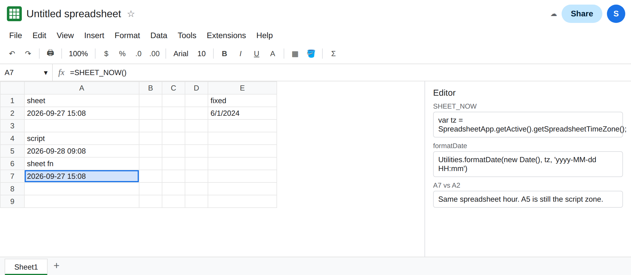 A7 is =SHEET_NOW() and matches the hour of A2. A5 still shows the script-zone hour. The script reads getSpreadsheetTimeZone.