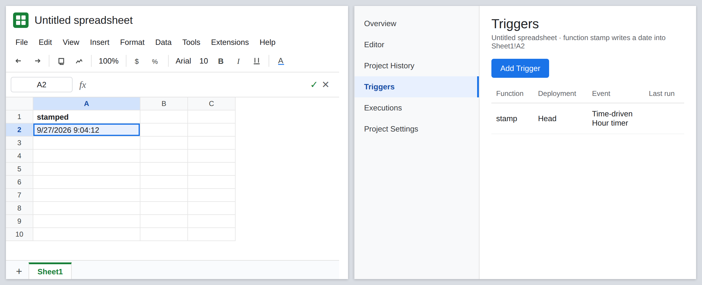 Apps Script Triggers page lists stamp as a time-driven hour timer on the original spreadsheet. The function stamp writes a date into Sheet1!A2. The sheet tab is Sheet1.