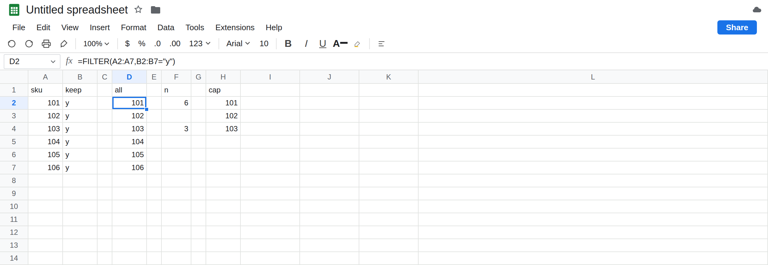 D2 selected. Formula bar shows =FILTER(A2:A7,B2:B7="y"). D2:D7 is 101 through 106. H2:H4 is still 101, 102, 103 from ARRAY_CONSTRAIN of 3 rows. F2 is 6. F4 is 3.