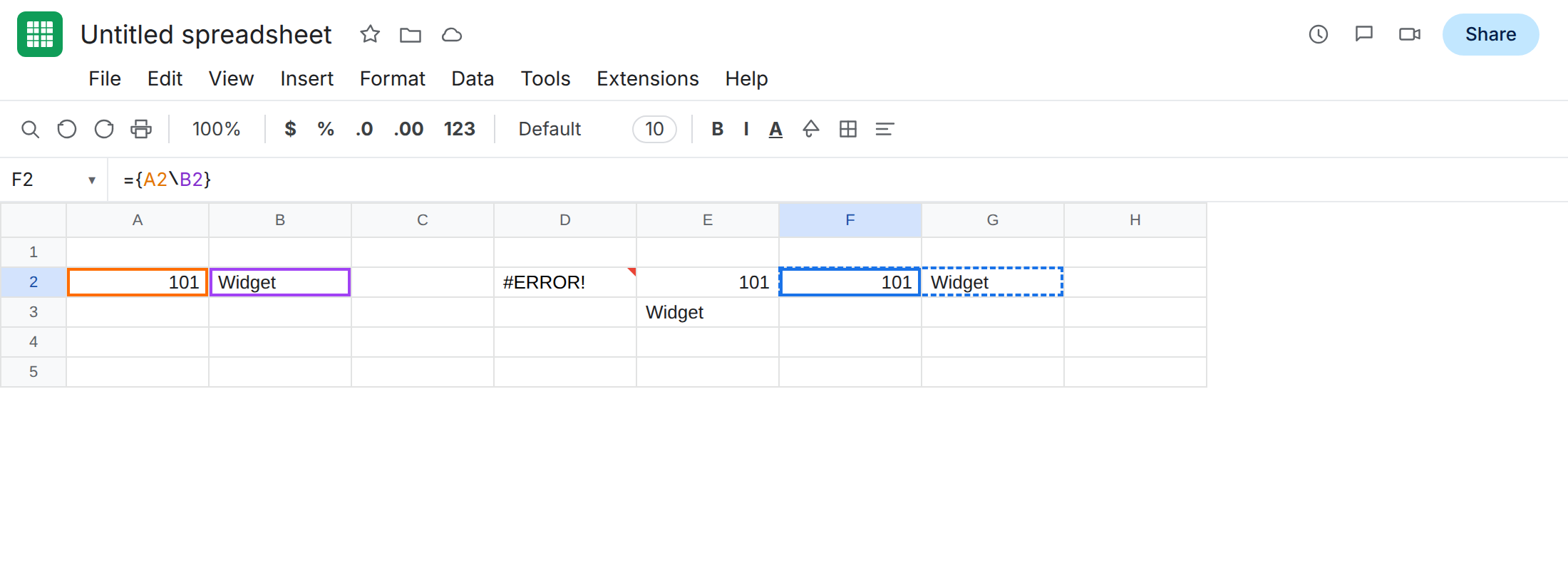 F2 selected. Formula bar shows ={A2\B2}. F2 is 101 and G2 is Widget — a two-column spill. D2 is still #ERROR!.