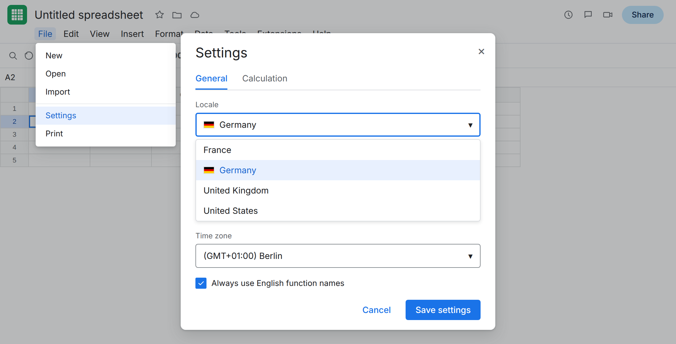 File menu open to Settings. Settings dialog in English. Locale dropdown shows Germany selected. Time zone is Berlin. Always use English function names is checked.
