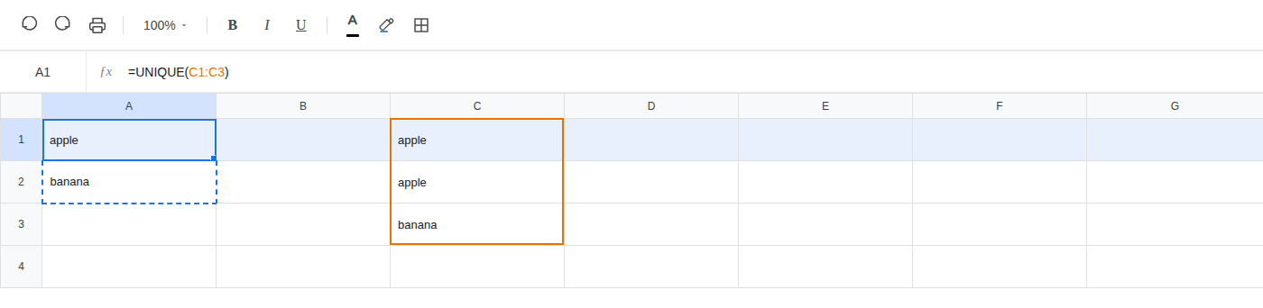 A1 selected. Formula bar shows =UNIQUE(C1:C3). A1 is apple and A2 is banana after A2 was cleared.