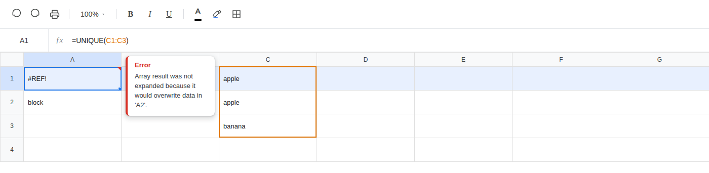 A1 selected. Formula bar shows =UNIQUE(C1:C3). A1 is #REF!. A2 is block.