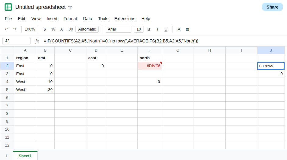 J2 is no rows from an IF that checks COUNTIFS of North before AVERAGEIFS. J3 is 0 for East. F2 is still #DIV/0!. F4 is still 0 from IFERROR. D2 is 0.