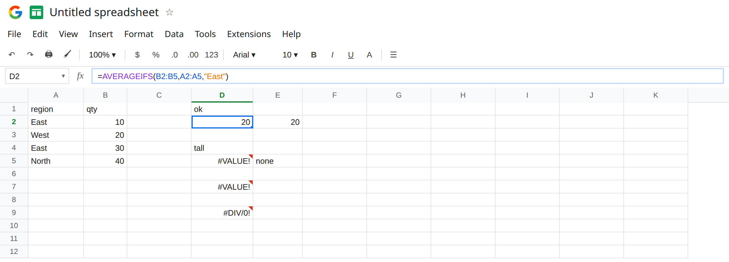 D2 selected. Formula bar shows =AVERAGEIFS(B2:B5,A2:A5,"East"). D2 is 20 with no error triangle. D5 is still #VALUE!. D9 is still #DIV/0! for South.