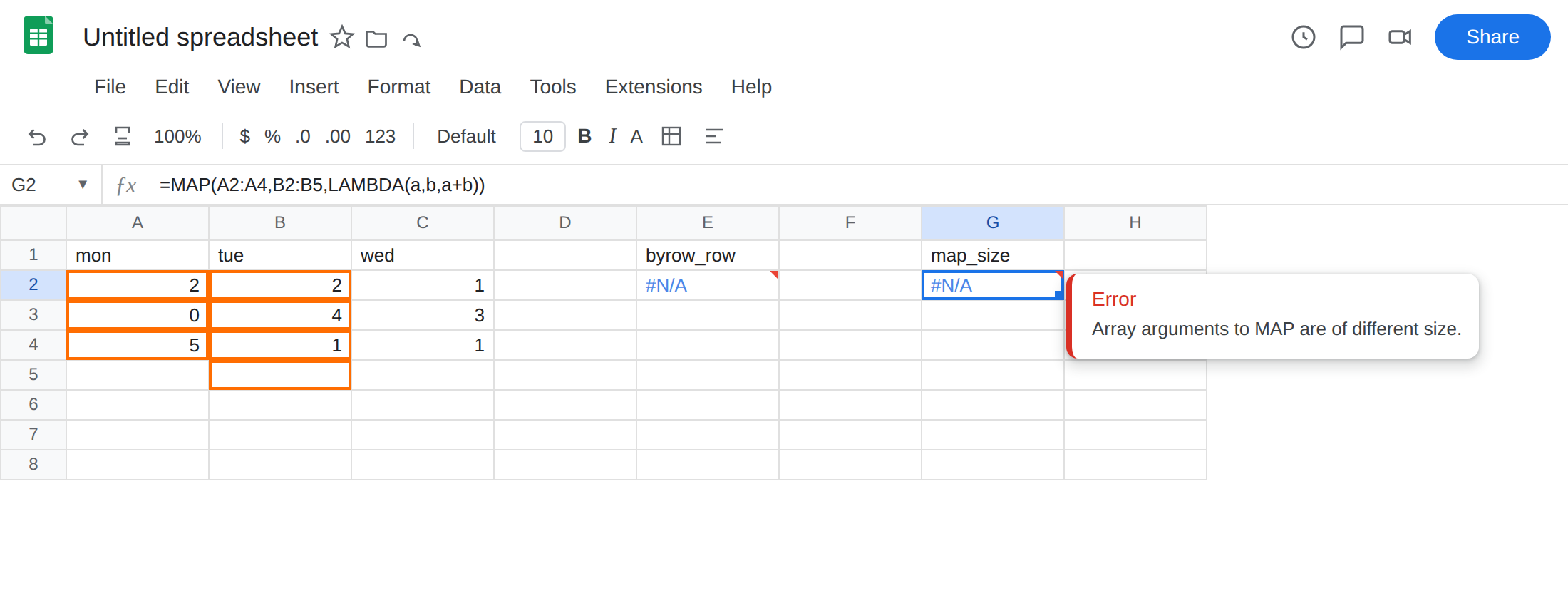 G2 selected. Formula bar shows =MAP(A2:A4,B2:B5,LAMBDA(a,b,a+b)). G2 is #N/A. Tooltip: Array arguments to MAP are of different size.