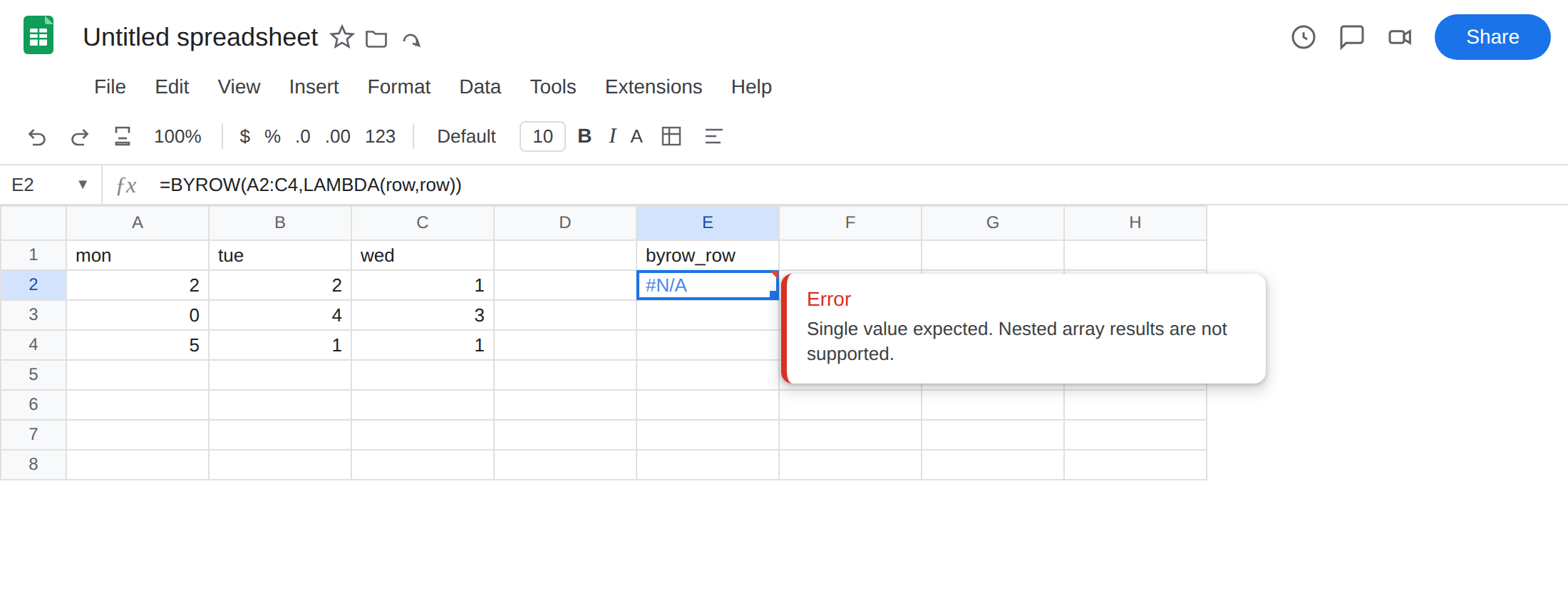 E2 selected. Formula bar shows =BYROW(A2:C4,LAMBDA(row,row)). E2 is #N/A. Tooltip: Single value expected. Nested array results are not supported.