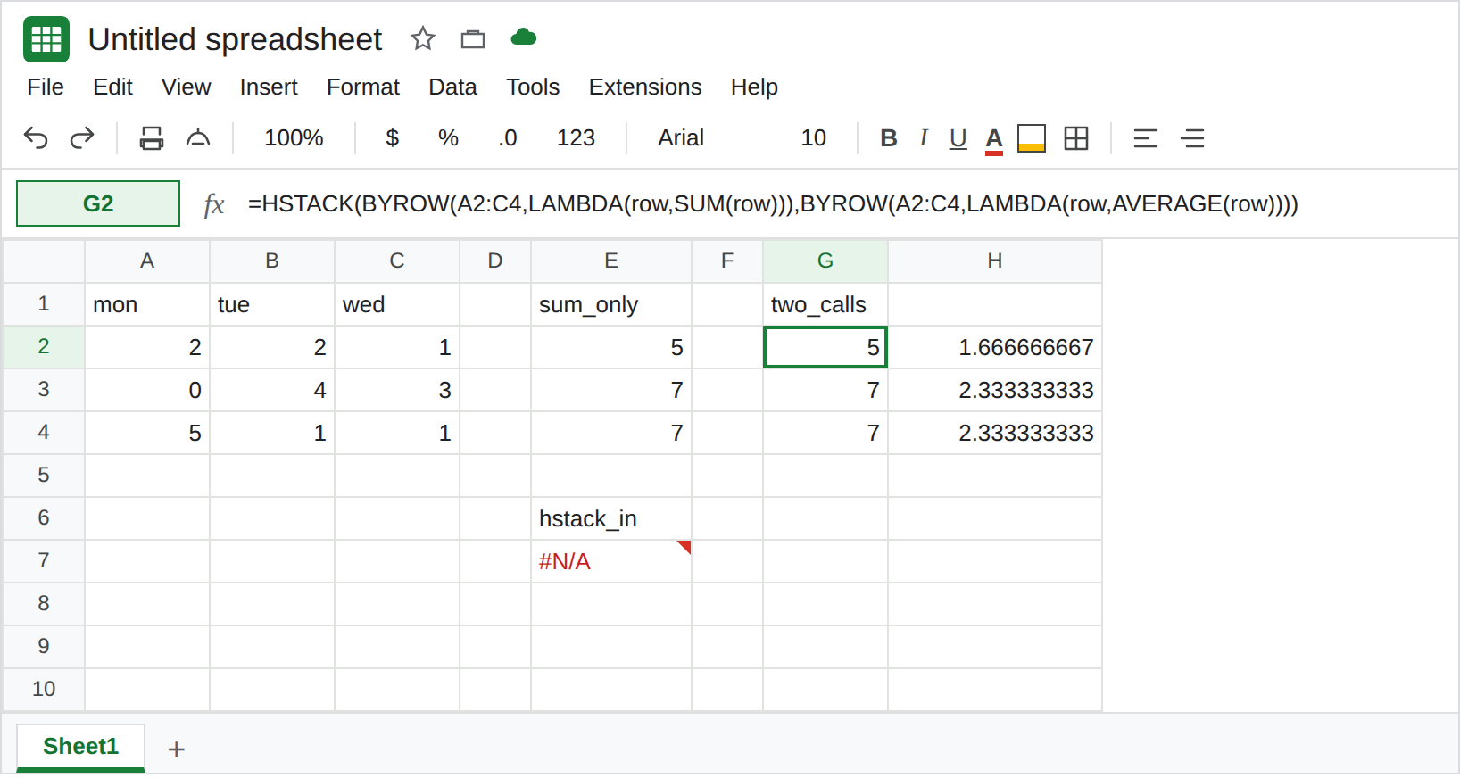 G2 selected. Formula bar shows HSTACK of two BYROW calls, one SUM and one AVERAGE. G2:G4 is 5, 7, 7. H2:H4 is the averages. E7 is still #N/A.