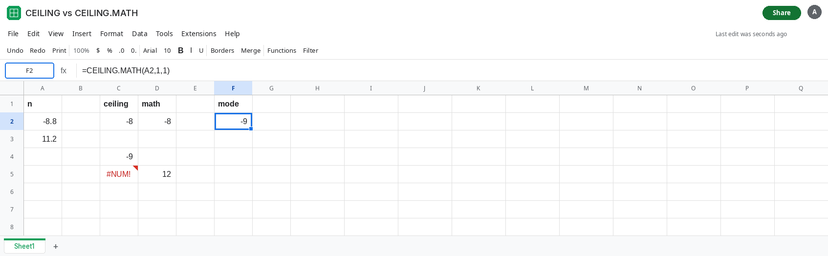 F2 selected. Formula bar shows =CEILING.MATH(A2,1,1). F2 is -9. D2 is -8 from CEILING.MATH with no mode. C5 is #NUM! from CEILING of a positive value and a negative factor.