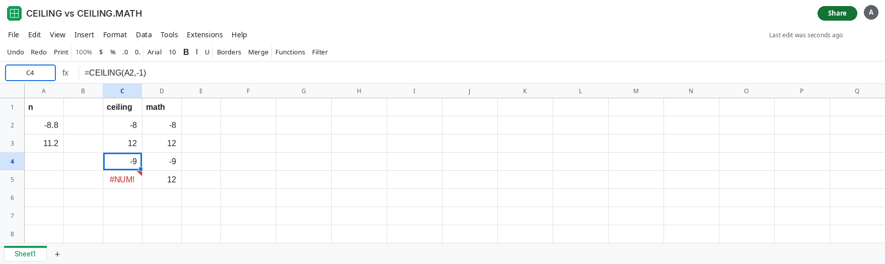 C4 selected. Formula bar shows =CEILING(A2,-1). C4 is -9. A2 is -8.8. D2 is -8 from CEILING.MATH. C2 is -8 from CEILING with a positive factor. No error triangle.
