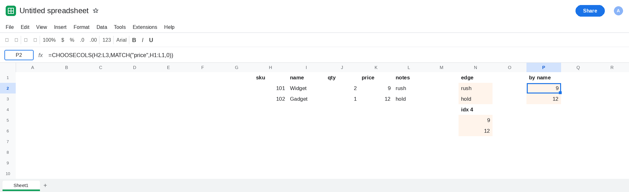 P2 selected. Formula bar shows CHOOSECOLS of H2:L3 with MATCH of price on H1:L1. P2:P3 is 9 and 12. N2 is still rush and hold from index -1.