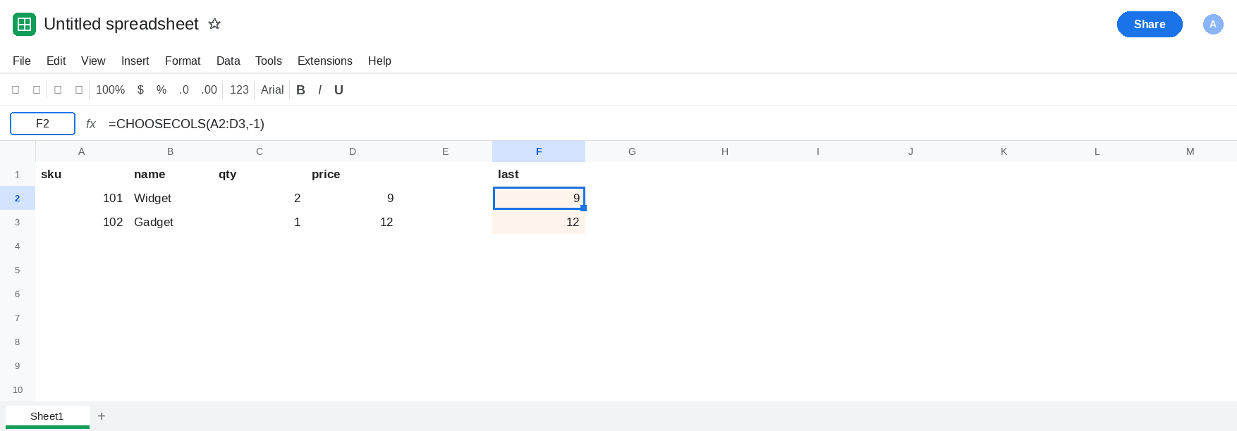F2 selected. Formula bar shows =CHOOSECOLS(A2:D3,-1). F2:F3 is 9 and 12. D2:D3 is the price column. A1:D1 is sku, name, qty, price. No error triangle.
