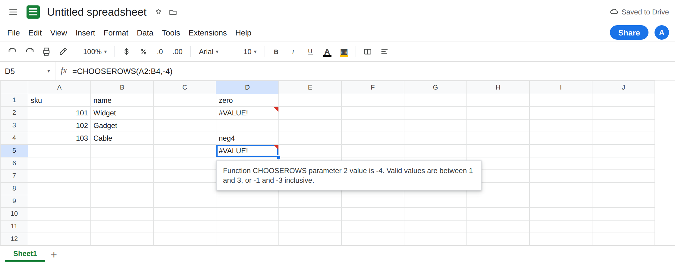 D5 selected. Formula bar shows =CHOOSEROWS(A2:B4,-4). D5 is #VALUE!. Tooltip says -4 is outside 1 to 3 and -1 to -3. A2:B4 is Widget, Gadget, Cable.