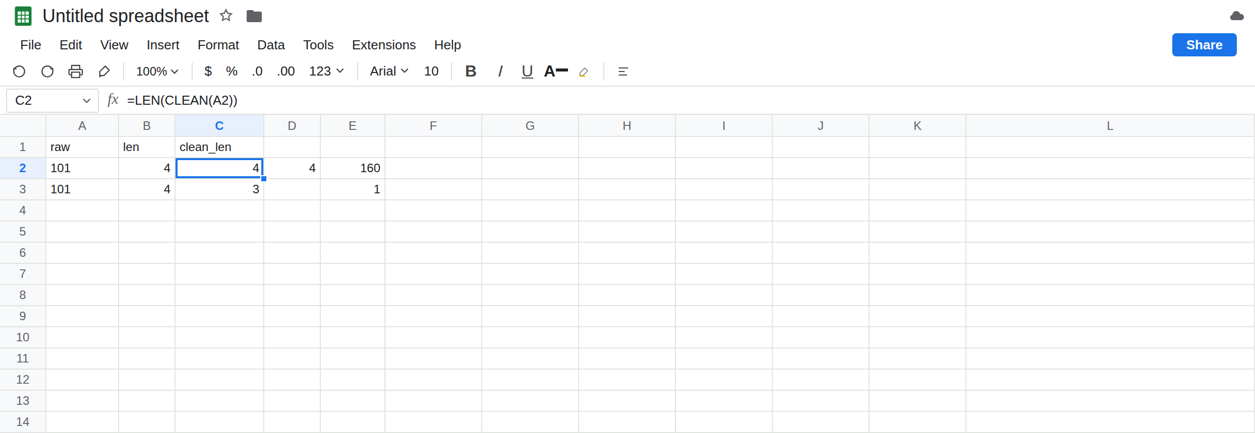 C2 selected. Formula bar shows =LEN(CLEAN(A2)). C2 is 4. A2 looks like 101. E2 is 160 from CODE of the last character. C3 is 3 because CLEAN removed a tab from A3.