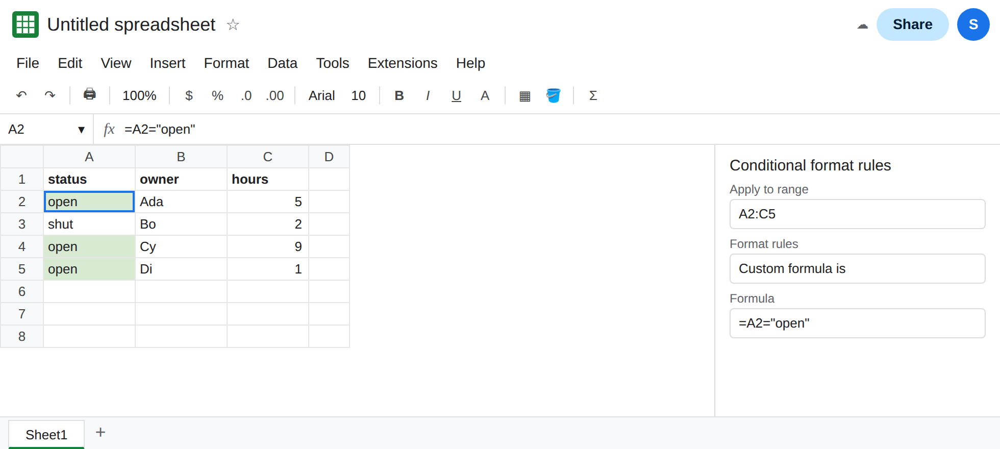 Range A2:C5. Status open, shut, open, open. Only column A is filled. The conditional formatting custom formula is =A2="open". The apply-to range is A2:C5.