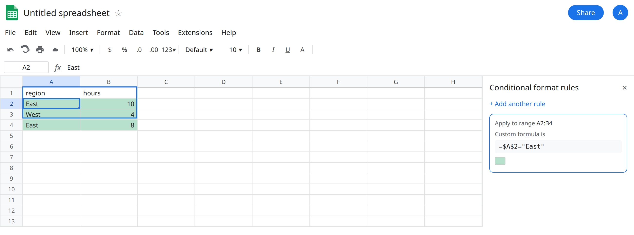 Range A2:B4 is filled, including the West row. The conditional formatting rule is a custom formula =$A$2="East". A2 is East. A3 is West. A4 is East.