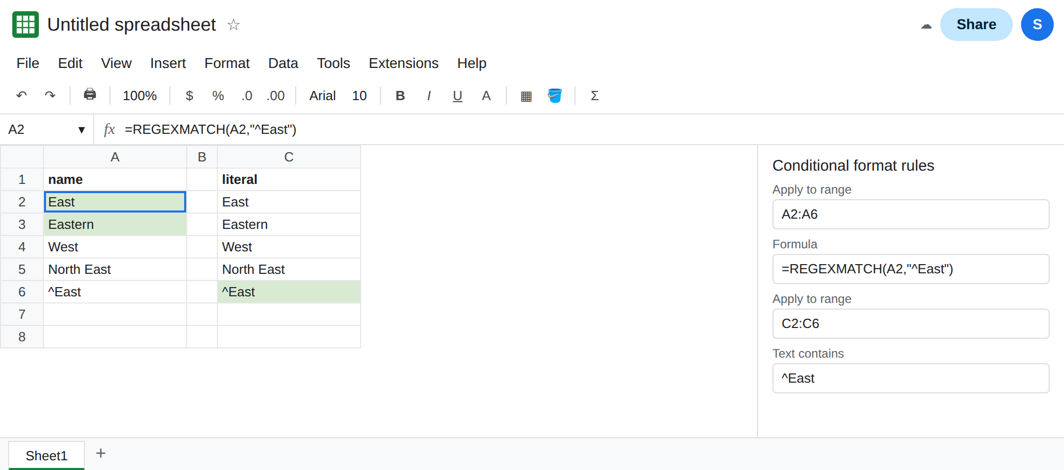 A2 and A3 filled by the custom formula REGEXMATCH A2 caret East. A separate note or range still shows Text contains caret East filling only the cell that contains a caret.