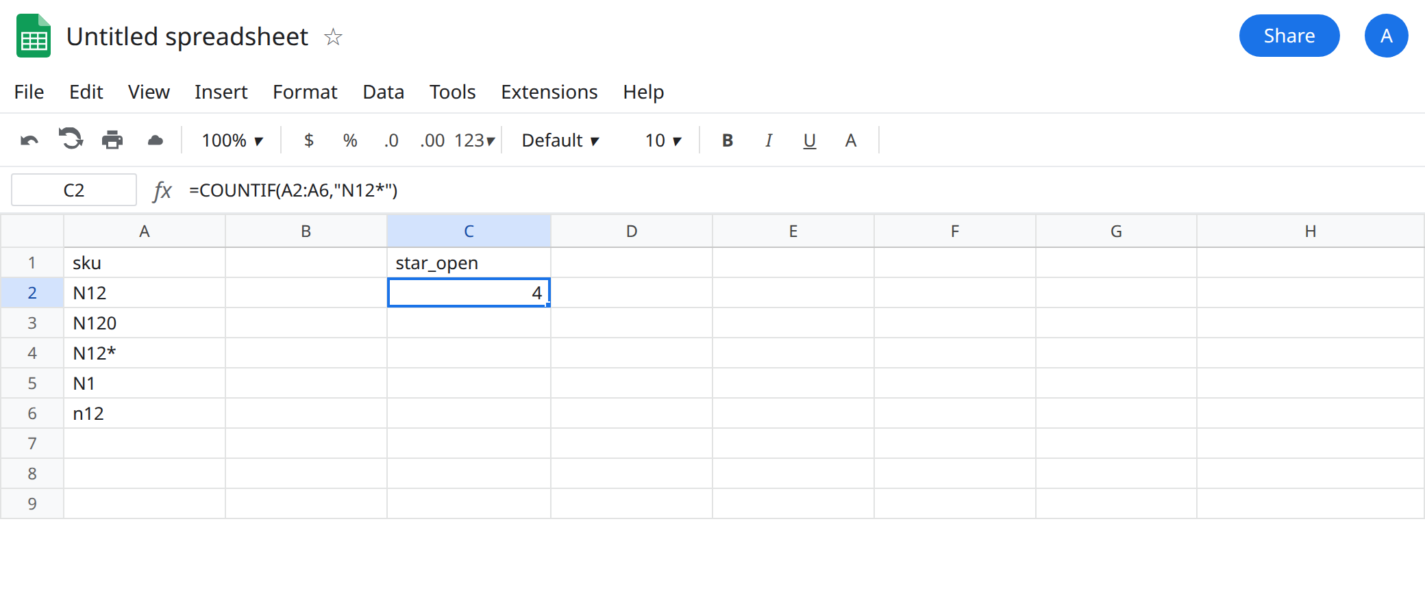 C2 selected. Formula bar shows =COUNTIF(A2:A6,"N12*"). C2 is 4. A2:A6 is N12, N120, N12*, N1, n12.