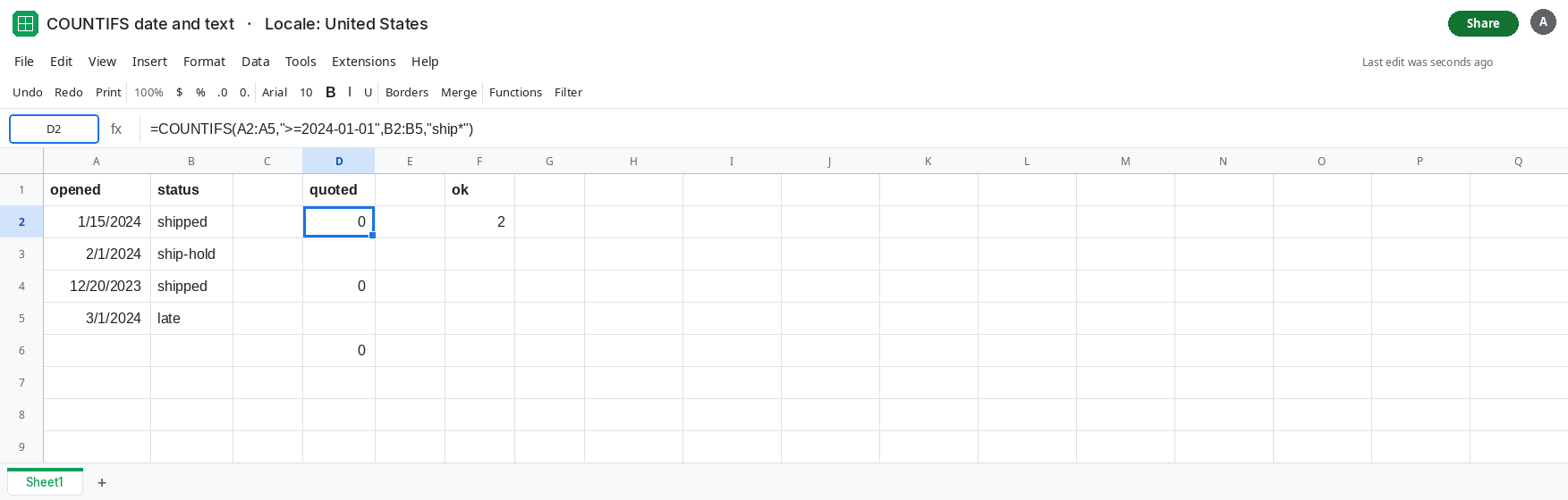 D2 selected. Formula bar shows COUNTIFS with a quoted >=2024-01-01 on the date column and ship* on the status column. D2 is 0. A2:A5 are real dates. B2 is shipped. No error triangle.