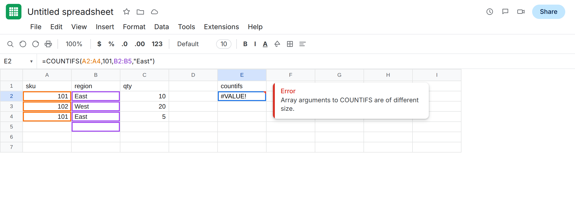 E2 selected. Formula bar shows =COUNTIFS(A2:A4,101,B2:B5,"East"). E2 is #VALUE!. Tooltip: Array arguments to COUNTIFS are of different size. A2:A4 is three rows. B2:B5 is four.