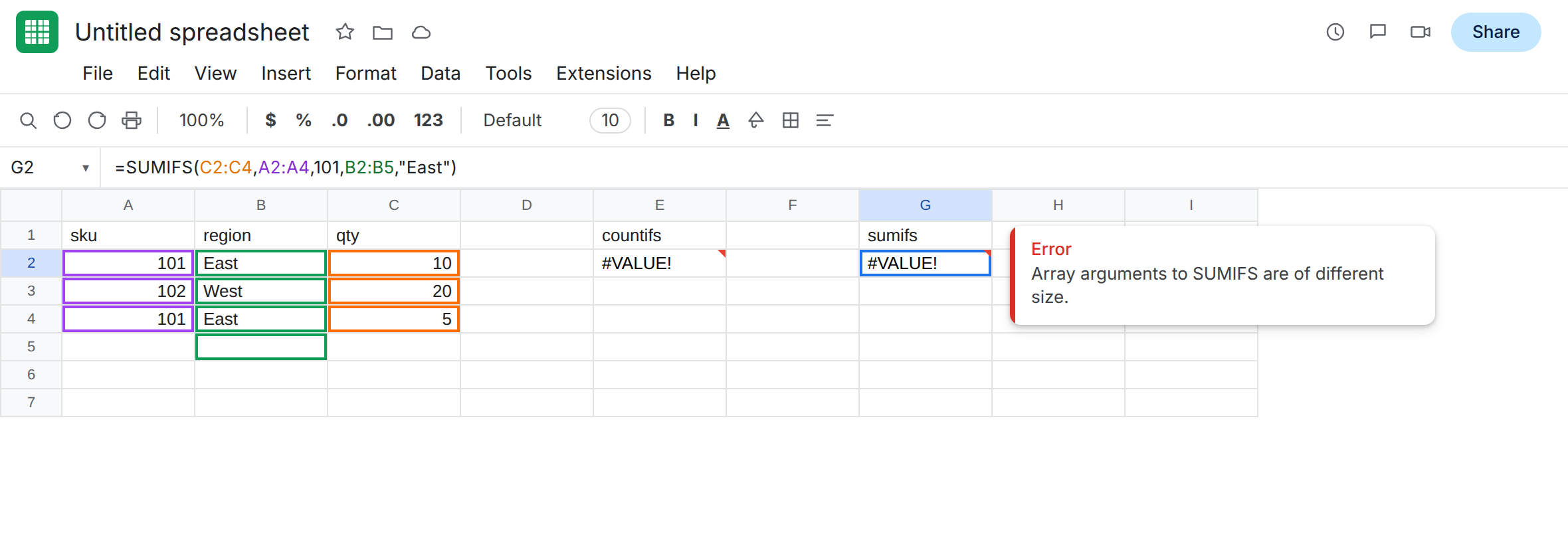 G2 selected. Formula bar shows =SUMIFS(C2:C4,A2:A4,101,B2:B5,"East"). G2 is #VALUE!. Tooltip: Array arguments to SUMIFS are of different size. E2 is still #VALUE!.