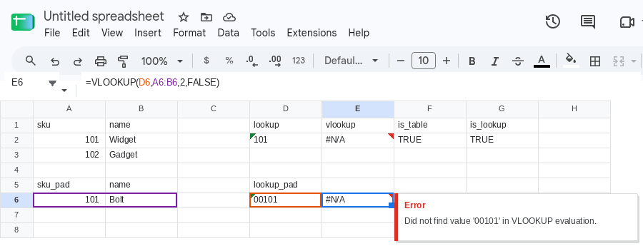 E6 selected. Formula bar shows =VLOOKUP(D6,A6:B6,2,FALSE). E6 is #N/A. Tooltip: Did not find value '00101' in VLOOKUP evaluation. D6 is text 00101. A6 is number 101.