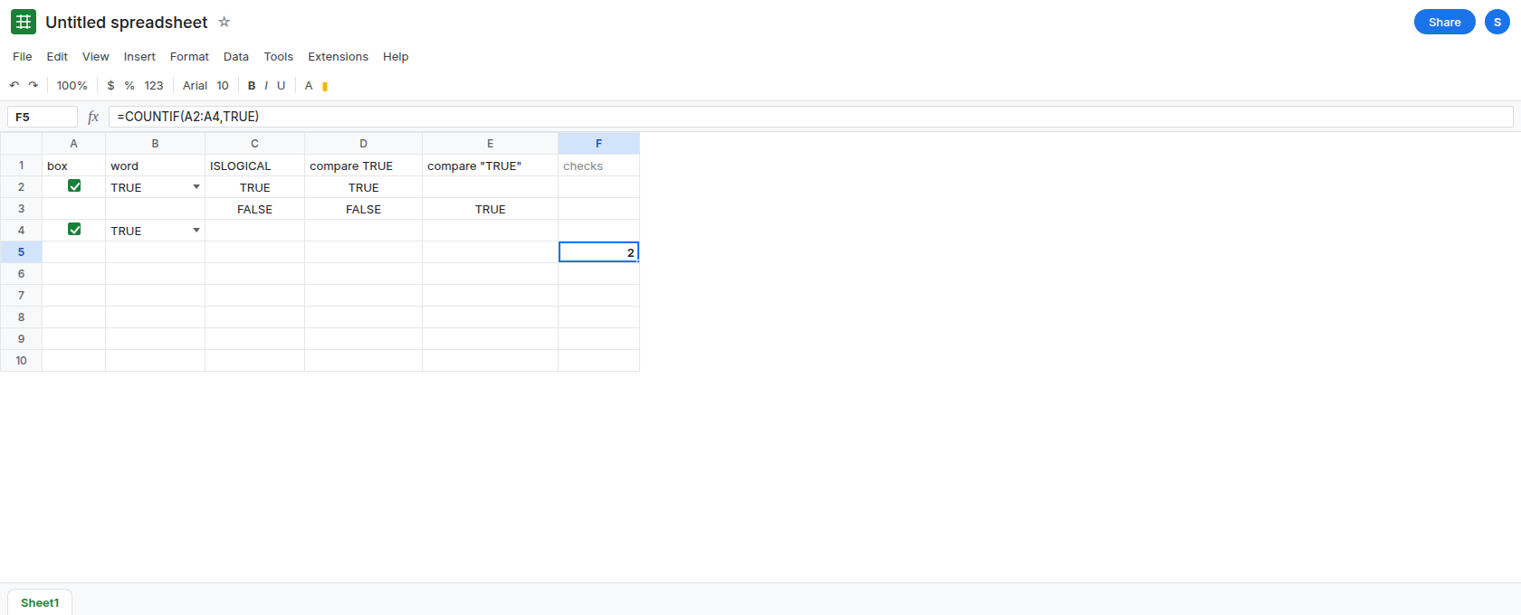 A2 is a checked checkbox. A formula COUNTIF of the checkbox column with TRUE returns the number of checks. B2 remains the text dropdown. D3 is still FALSE.