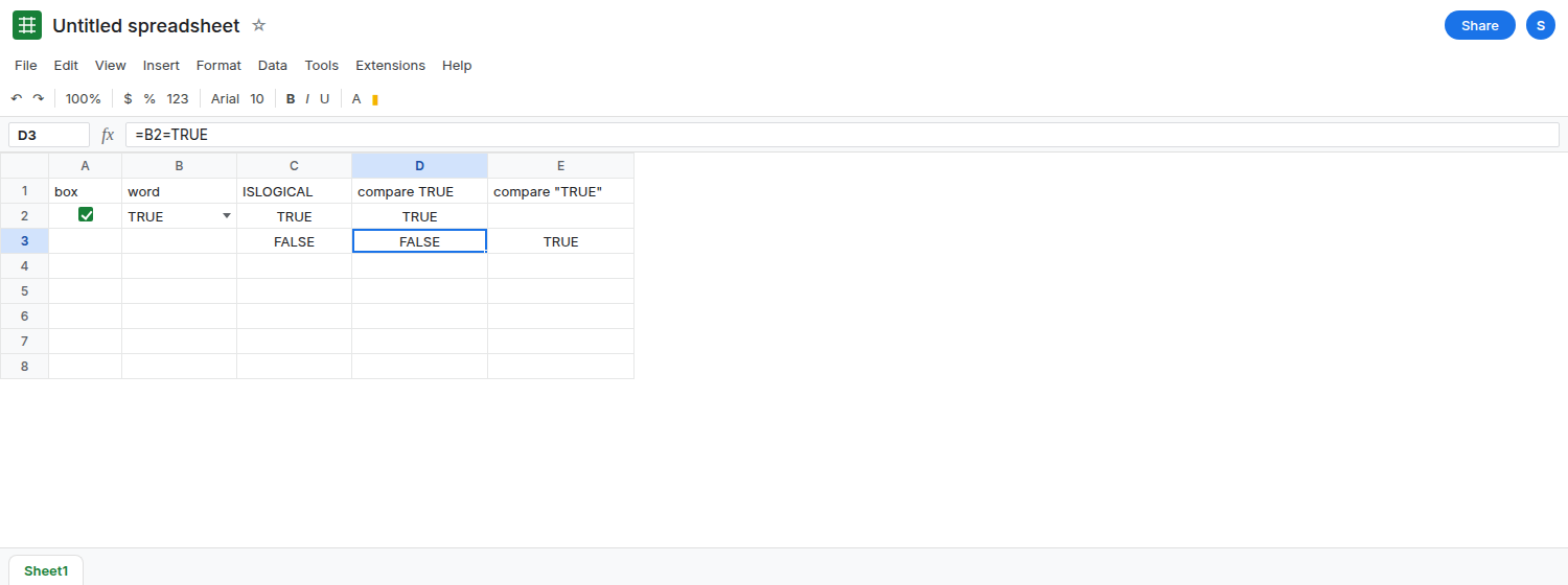 A2 is a checked checkbox. B2 is a dropdown showing TRUE. D3 is FALSE for B2=TRUE. E3 is TRUE for B2 equals the text TRUE. C2 is TRUE for ISLOGICAL on the checkbox. C3 is FALSE.
