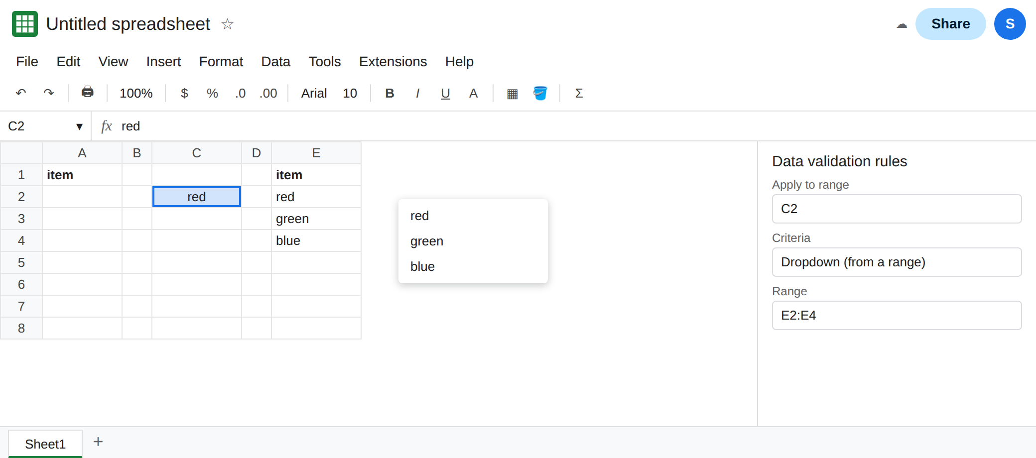 Data validation for C2 uses the range in column E that contains red, green, and blue. The dropdown lists those three words. Column A is still empty.