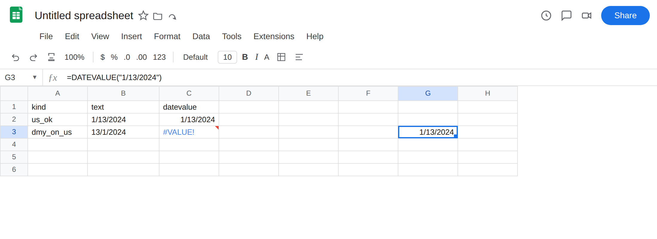 G3 selected. Formula bar shows =DATEVALUE("1/13/2024"). G3 is 1/13/2024 as a date with no error triangle. C3 is still #VALUE!. Locale United States.