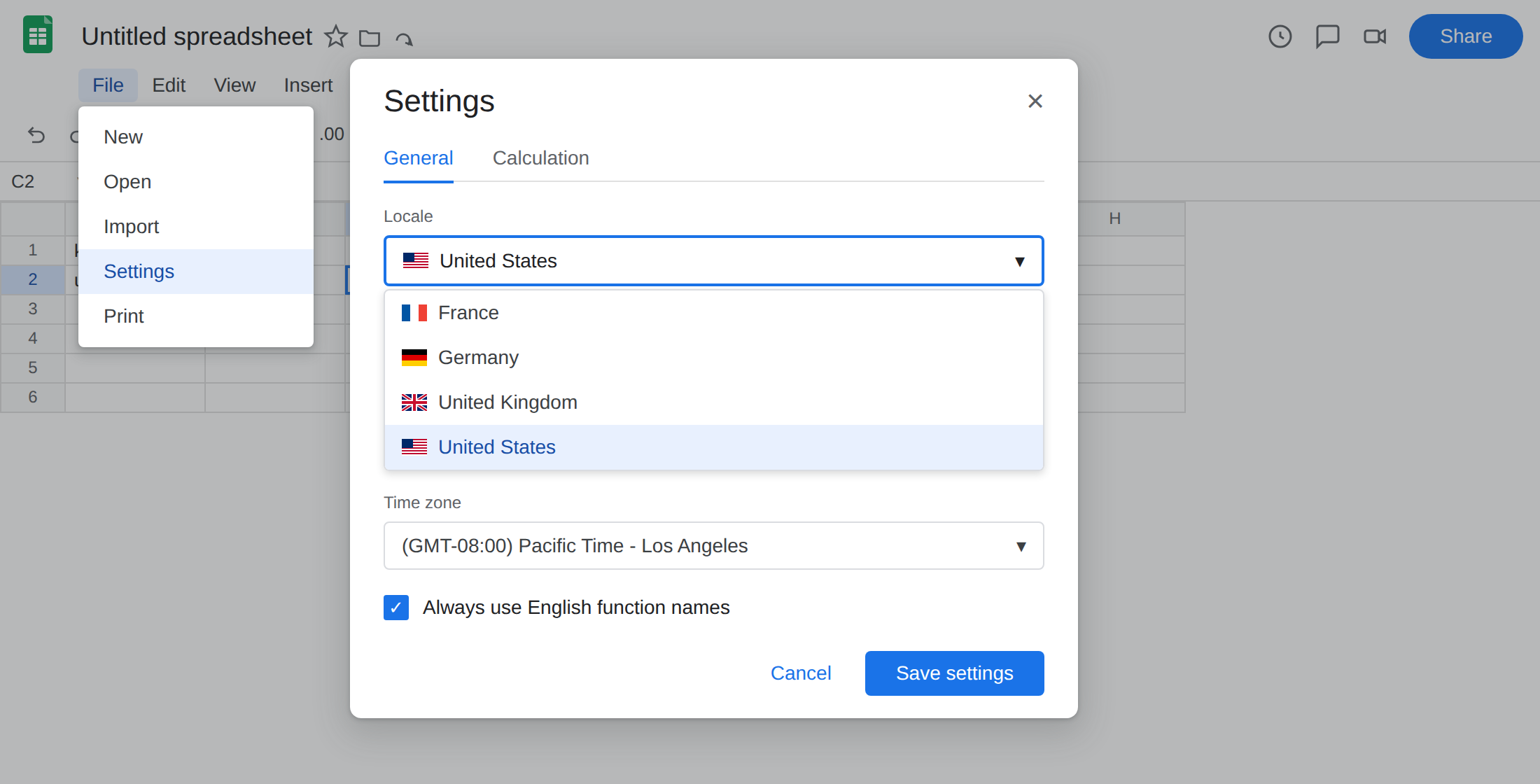 File menu open to Settings. Settings dialog in English. Locale dropdown shows United States selected. Always use English function names is checked. C2 formula is =DATEVALUE(B2).