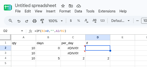 D2 selected. Formula bar shows =IF(B2=0,"",A2/B2). D2 is empty. D3 is empty. D4 is 2. C2 and C3 are still #DIV/0!.