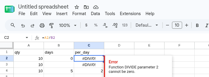 C2 selected. Formula bar shows =A2/B2. C2 is #DIV/0!. Tooltip: Function DIVIDE parameter 2 cannot be zero. A2 is 10. B2 is 0.