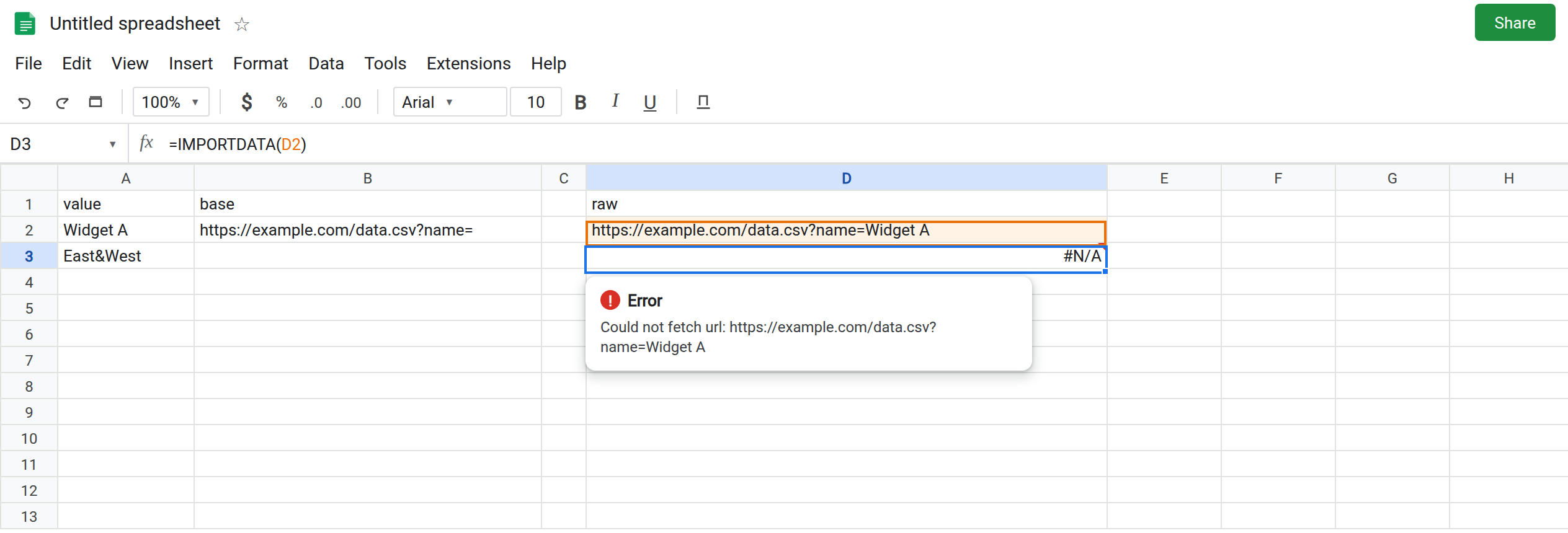 D3 selected. Formula bar shows =IMPORTDATA(D2). D3 is #N/A. D2 is https://example.com/data.csv?name=Widget A with a space before A. A2 is Widget A.