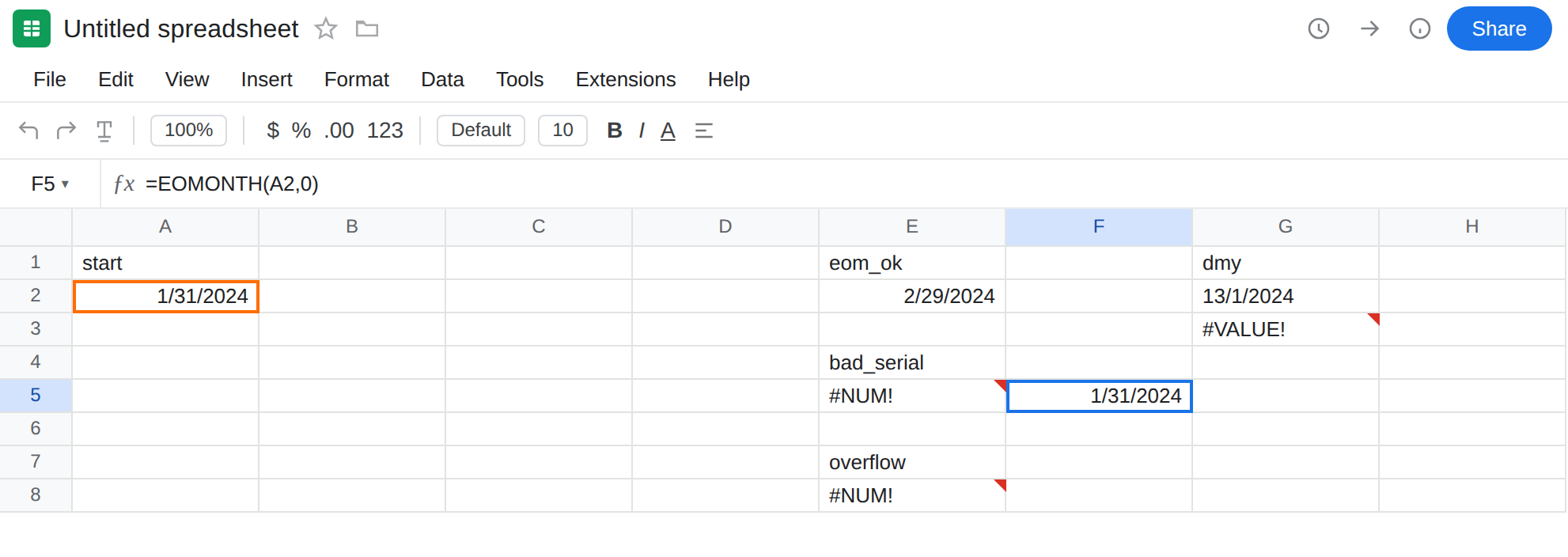 F5 selected. Formula bar shows =EOMONTH(A2,0). F5 is 1/31/2024 with no error triangle. E5 is still #NUM!. E2 is 2/29/2024. G3 is still #VALUE!.