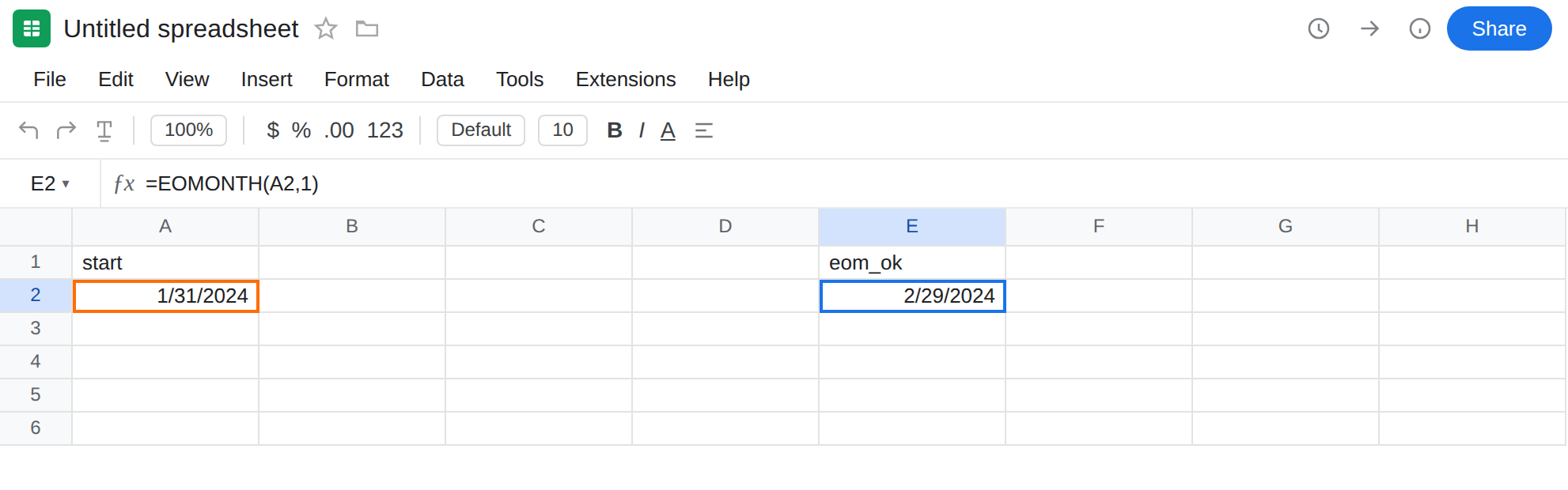 E2 selected. Formula bar shows =EOMONTH(A2,1). E2 is 2/29/2024 with no error triangle. A2 is 1/31/2024.