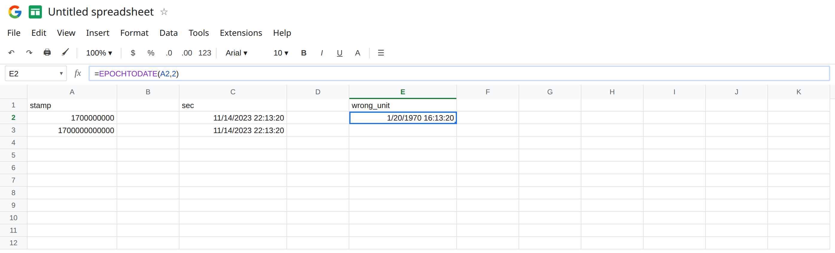 E2 selected. Formula bar shows =EPOCHTODATE(A2,2). E2 is 1/20/1970 16:13:20. C2 is 11/14/2023 22:13:20 from EPOCHTODATE(A2,1). A2 is 1700000000. No error triangle on E2.
