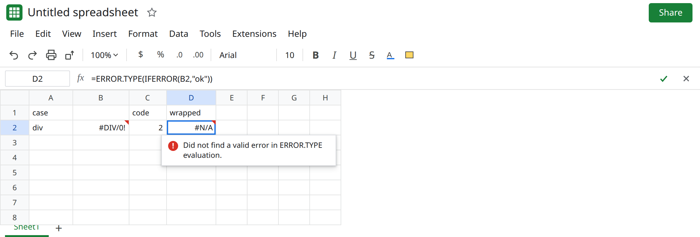 D2 selected. Formula bar shows =ERROR.TYPE(IFERROR(B2,"ok")). D2 is #N/A. B2 is #DIV/0!. C2 is 2 from =ERROR.TYPE(B2).
