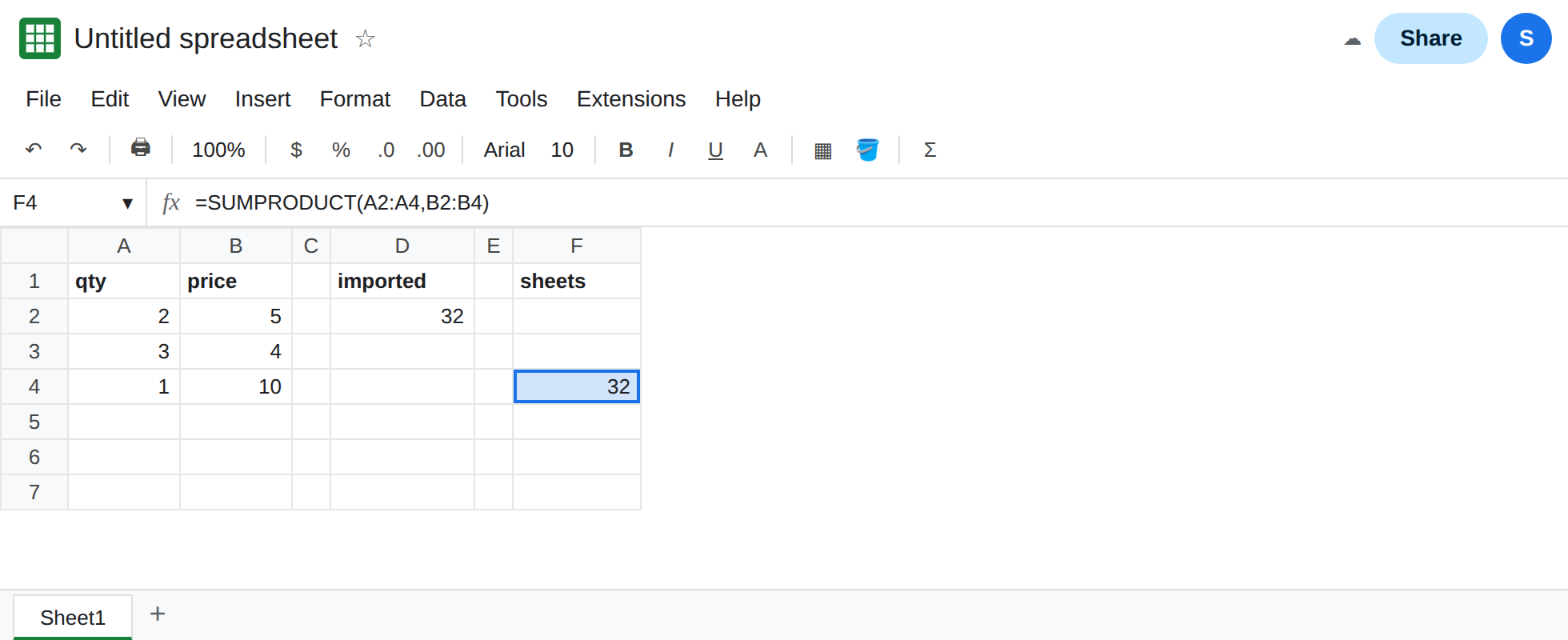 F4 selected. Formula bar shows =SUMPRODUCT(A2:A4,B2:B4). F4 is 32. The imported cell still shows a static 32 or a brace formula. No curly braces in F4.
