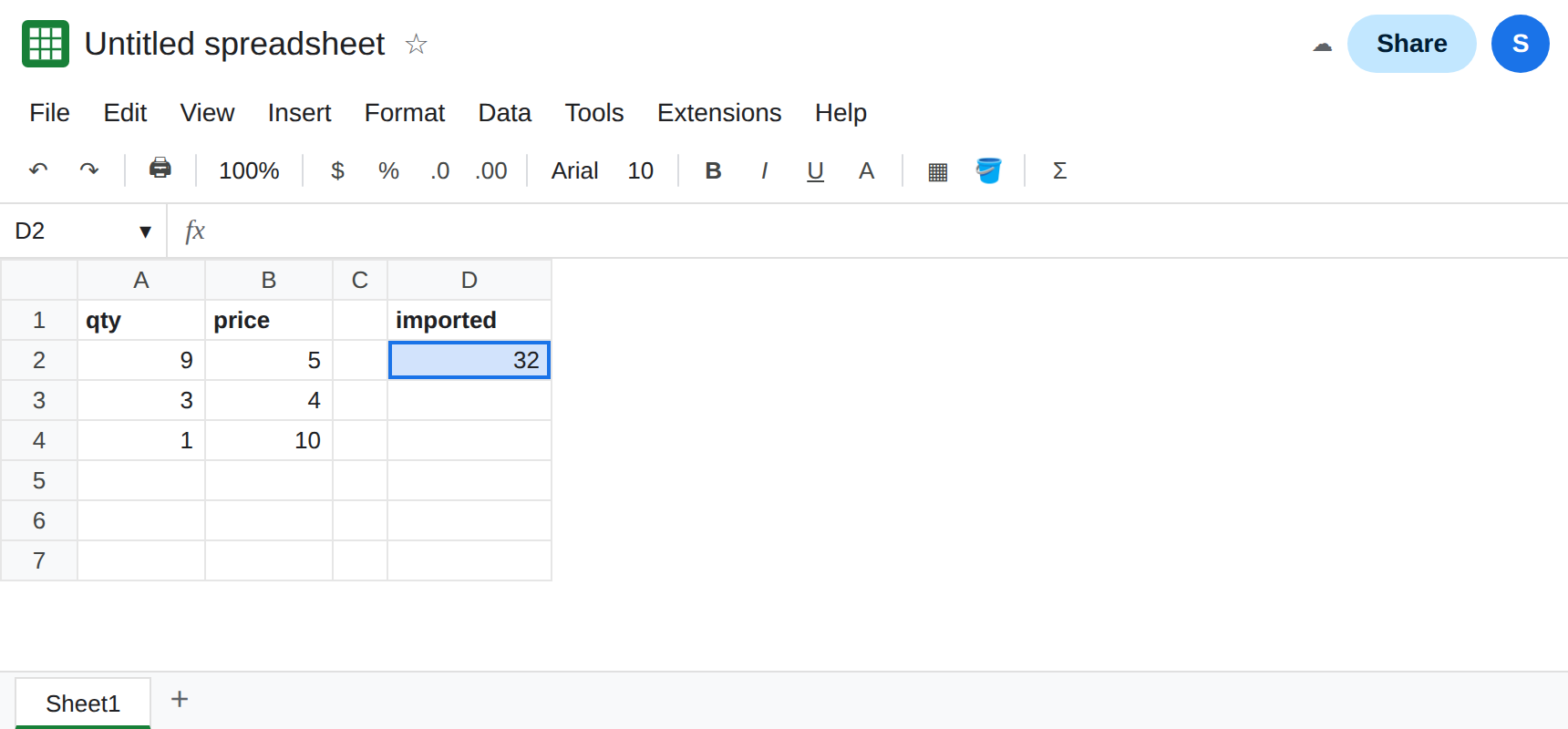 Google Sheets after importing an xlsx. The formula bar shows a CSE formula starting with brace equals, or it is empty on a static 32. A2 was edited and the 32 did not change if the bar is empty.