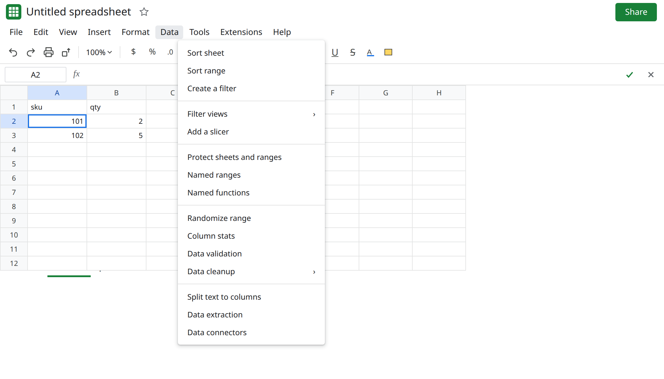 Google Sheets after importing an xlsx. The loaded sheet shows sku 101 and a quantity. The formula bar is empty. The Data menu has no Power Query refresh. Editing the source tab does not change the loaded quantity.