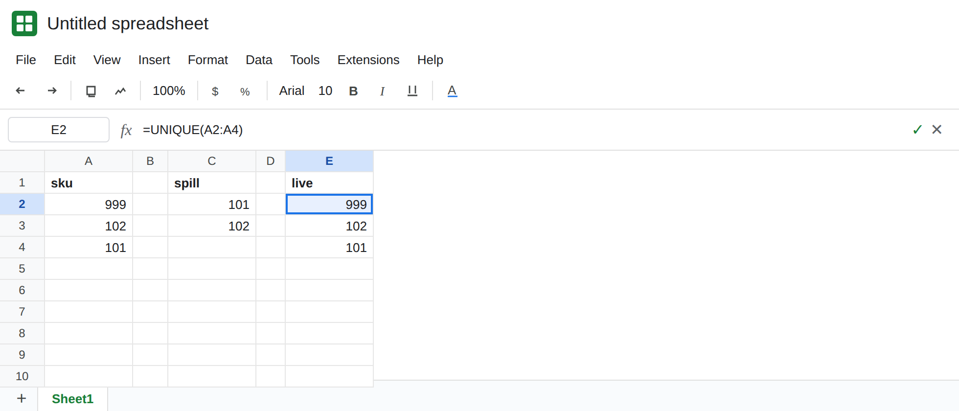 E2 selected. Formula bar shows =UNIQUE(A2:A4). E2 spills the current skus and updates when A2 changes. The imported block still shows the old 101 and 102 as values with an empty formula bar.