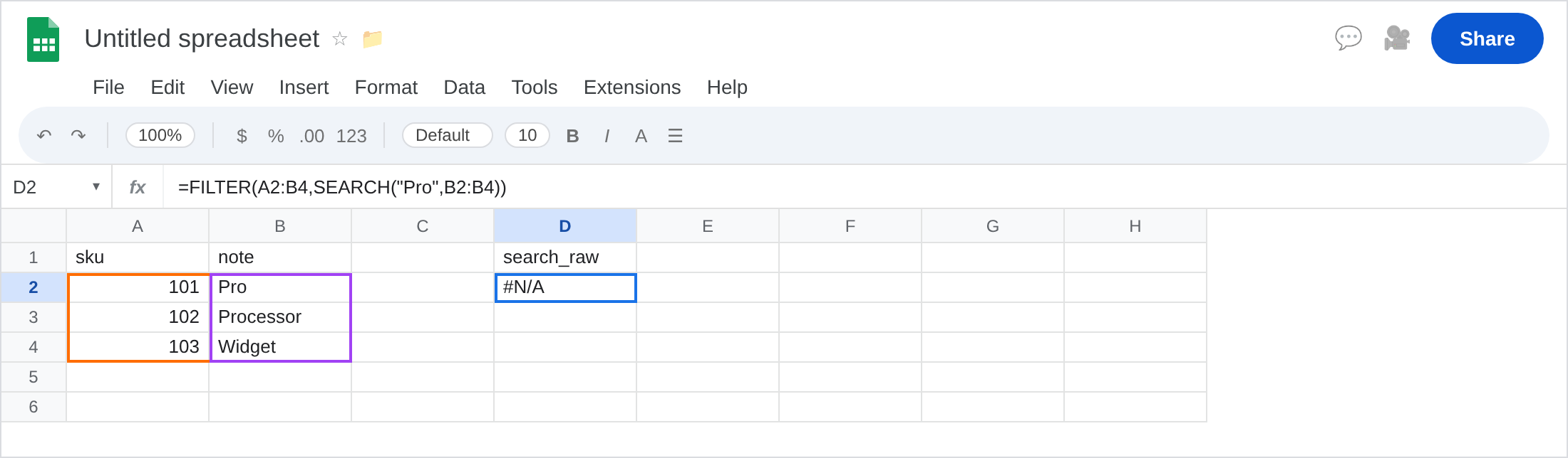 D2 selected. Formula bar shows =FILTER(A2:B4,SEARCH("Pro",B2:B4)). D2 is #N/A. B2 is Pro. B3 is Processor. B4 is Widget.