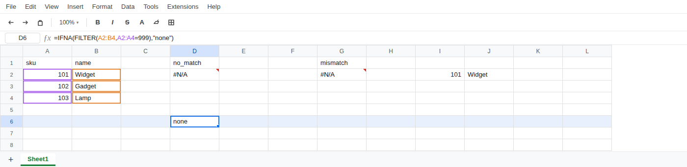 D6 selected. Formula bar shows =IFNA(FILTER(A2:B4,A2:A4=999),"none"). D6 is none. D2 is still #N/A. A working FILTER for 101 spills 101 / Widget.