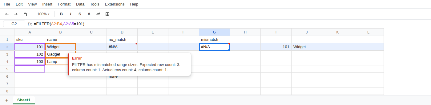 G2 selected. Formula bar shows =FILTER(A2:B4,A2:A5=101). G2 is #N/A. Tooltip: FILTER has mismatched range sizes. Expected row count: 3. column count: 1. Actual row count: 4, column count: 1.