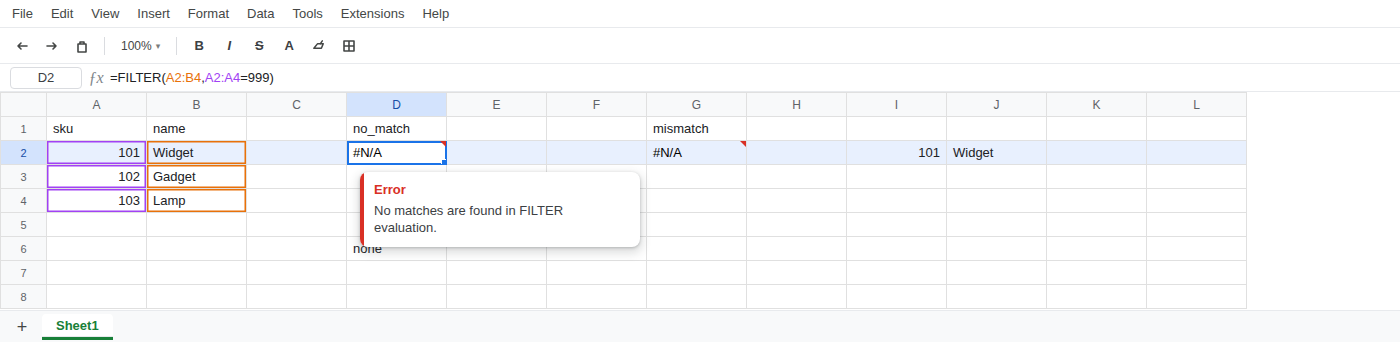 D2 selected. Formula bar shows =FILTER(A2:B4,A2:A4=999). D2 is #N/A. Tooltip: No matches are found in FILTER evaluation.