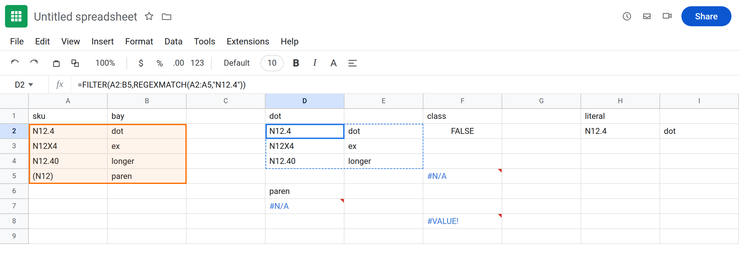 D2 selected. Formula bar shows =FILTER(A2:B5,REGEXMATCH(A2:A5,"N12.4")). Spill includes N12.4, N12X4, and N12.40. No error triangle. A3 is N12X4.