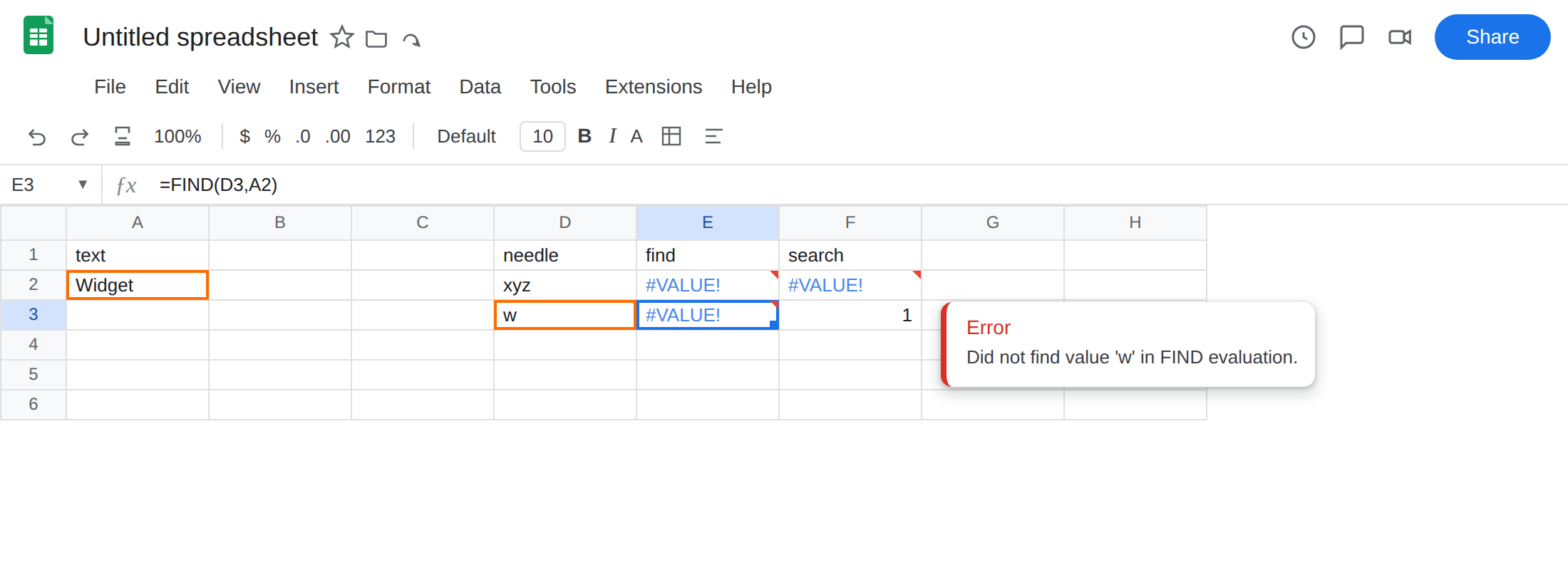 E3 selected. Formula bar shows =FIND(D3,A2). E3 is #VALUE!. F3 is 1. Tooltip: Did not find value 'w' in FIND evaluation. D3 is w. A2 is Widget.